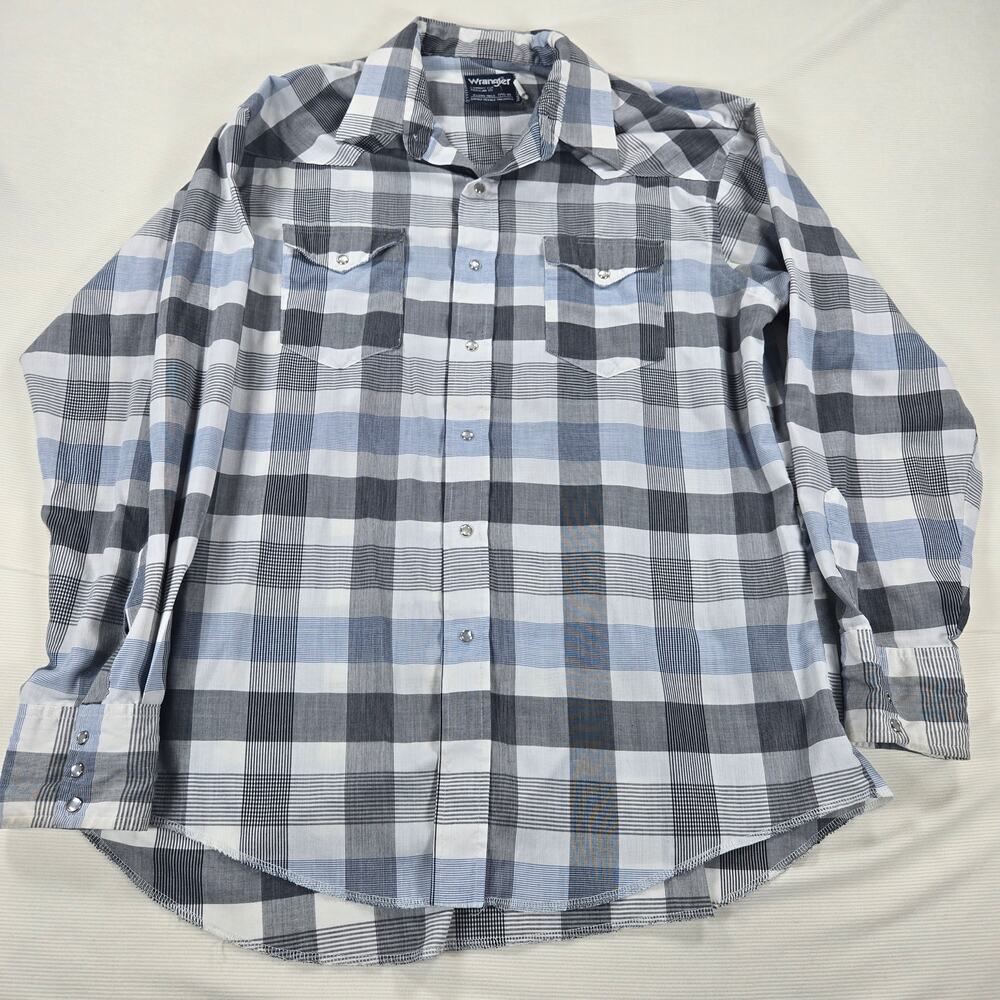 Vintage Wrangler Cowboy Cut Long Sleeve‎ Pearl Snap Blue Shirt Men's Size 17 1/2